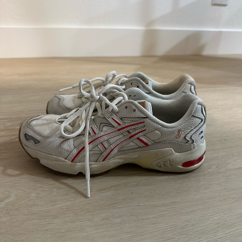 White and Red Asics Gel Sneakers